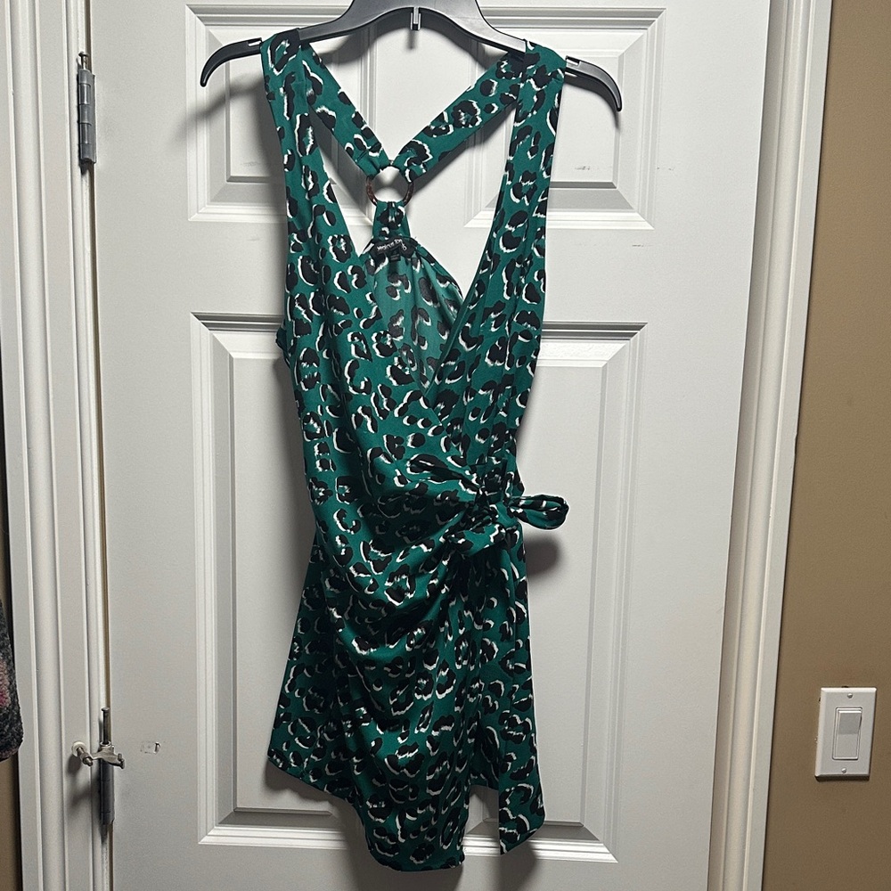 Jealous Tomato Teal and Black Leopard Print Romper Dress